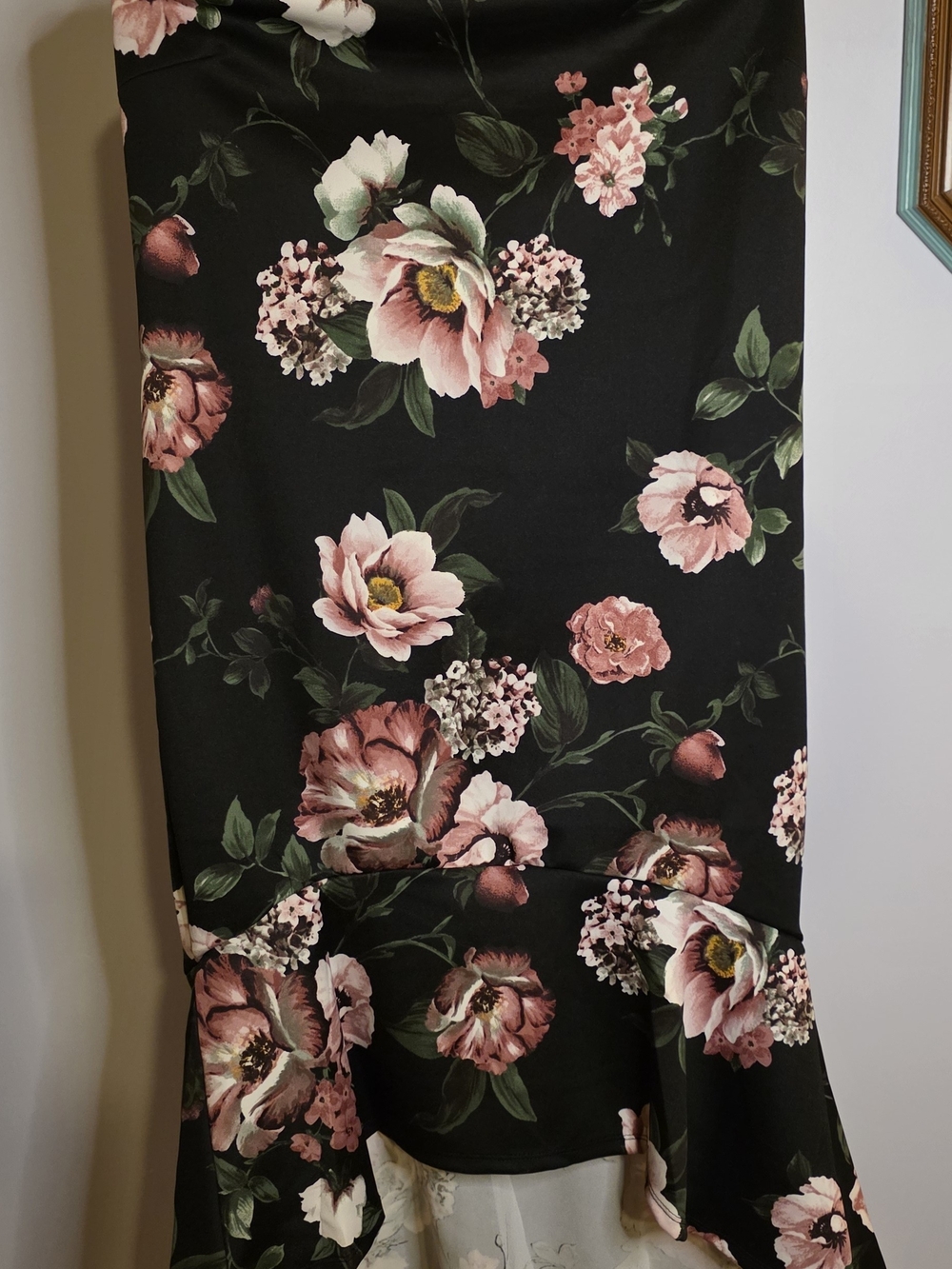 Iris Women's Black High-Low Skirt with Pink Floral Print Sz 3XL
